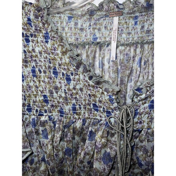 Free People Beatrice Top Womens L Floral Lace Smocked Lace Up Neckline Fairy - Picture 5 of 11